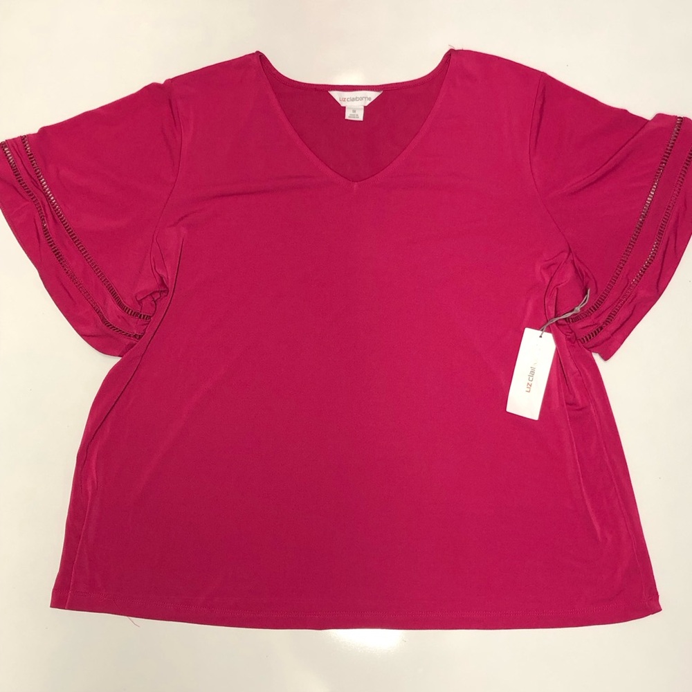 Liz Claiborne V-Neck Flutter Sleeve Top - Fuchsia Size 1X
